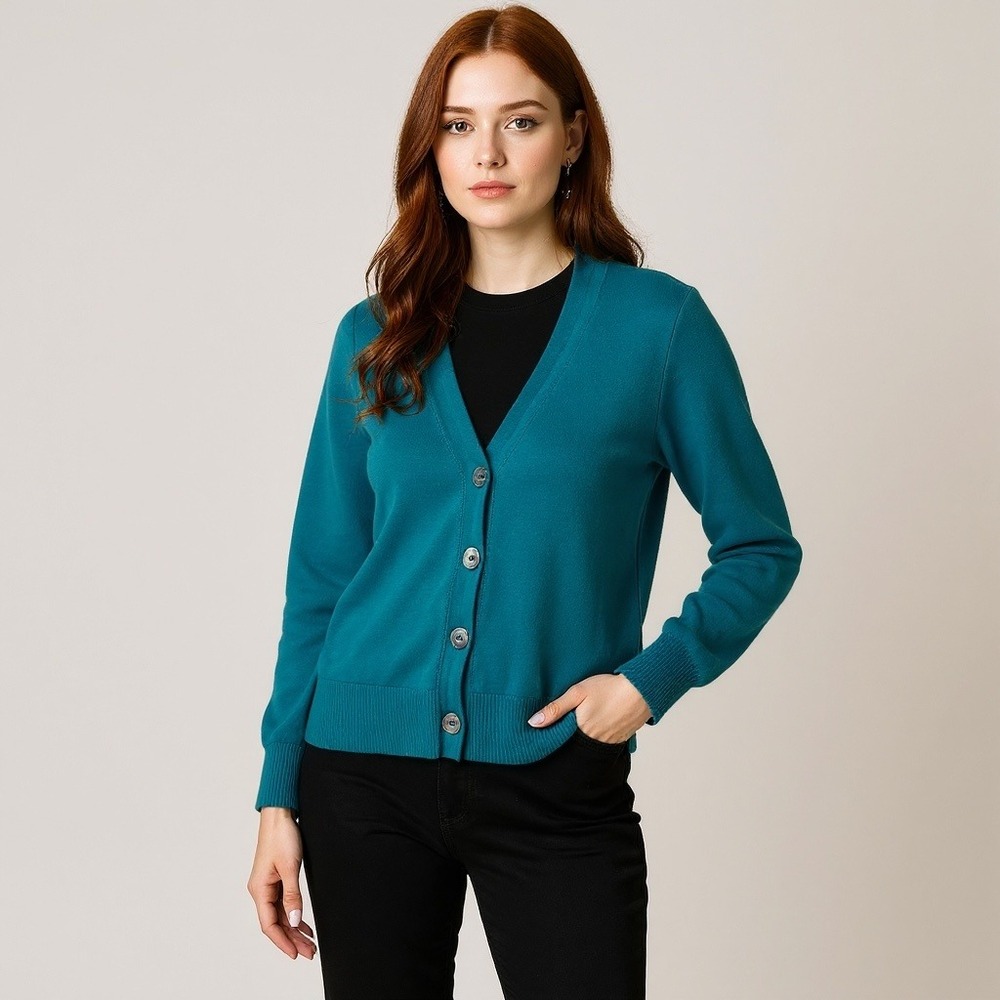Cable & Gauge Teal Blue Merino Wool V Neck Button Front Cardigan Sweater XL